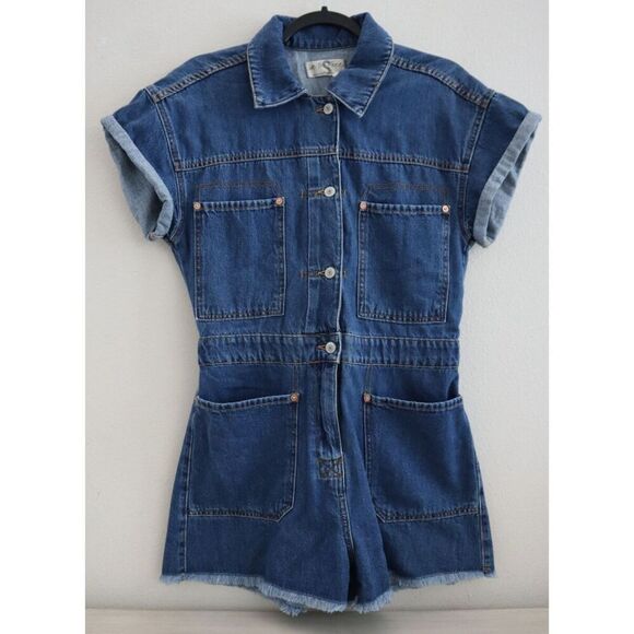 We The Free OB1417588 Women's Sz S Blue Denim Work Hard Play Harder Romper - Picture 1 of 10